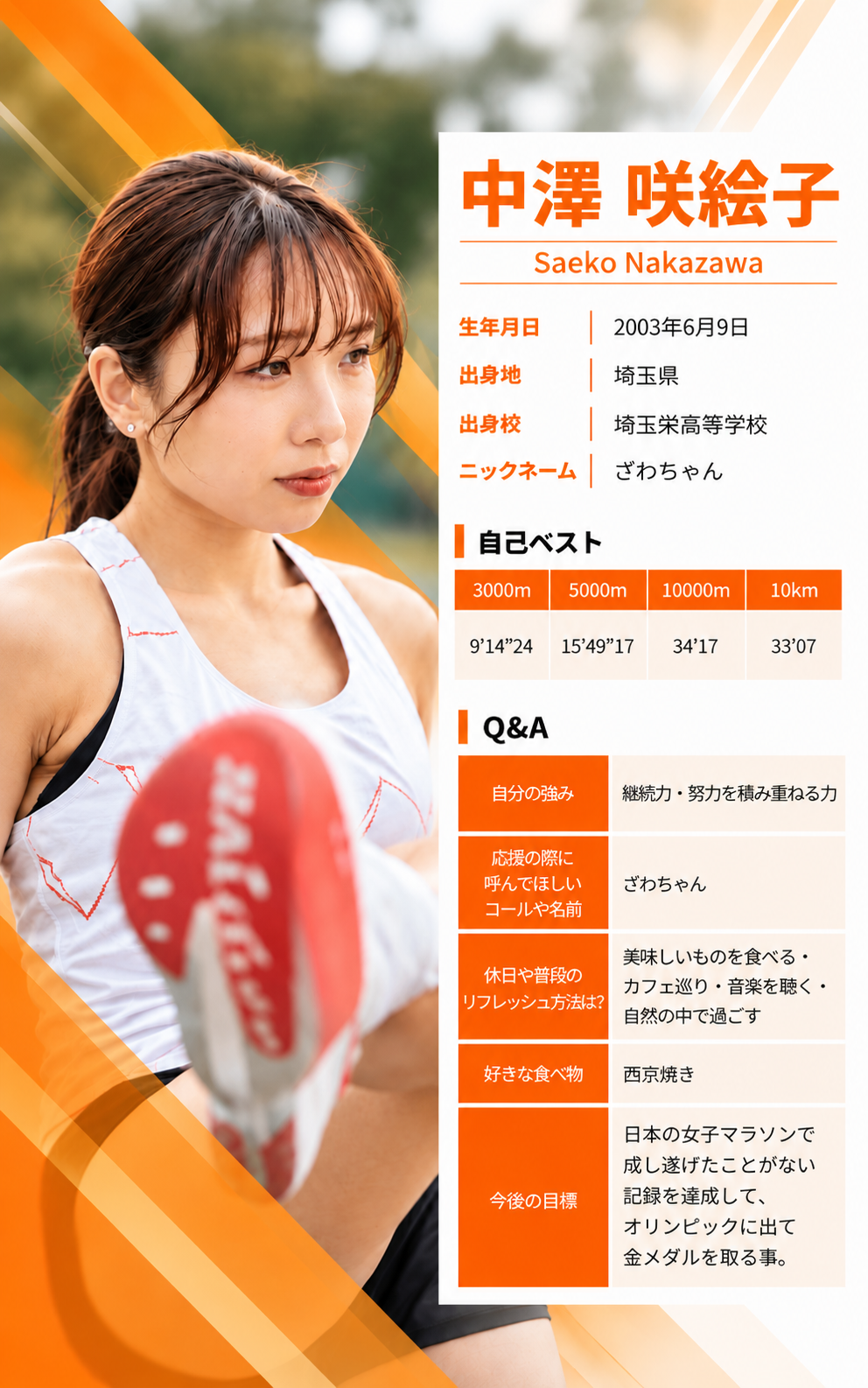 中澤 咲絵子さんのプロフィール。陸上競技。
